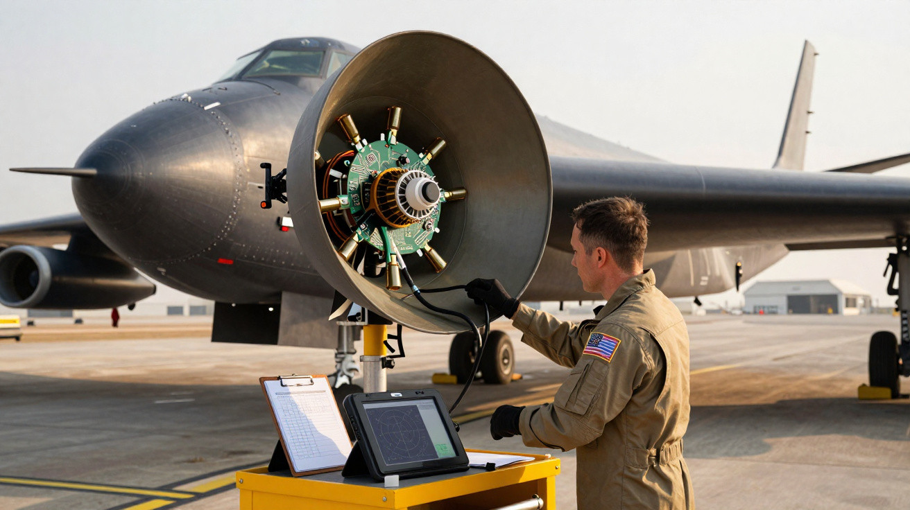 Militar a inspecionar equipamento de radar à frente de avião militar estacionado numa pista de aeroporto.
