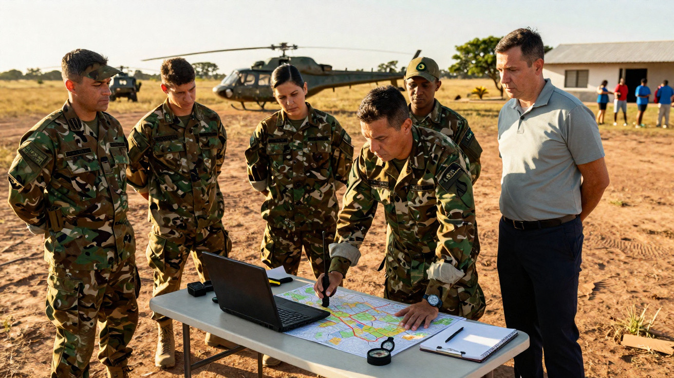 Soldados em uniforme camuflado planeiam estratégia em mapa sobre mesa com helicópteros ao fundo.