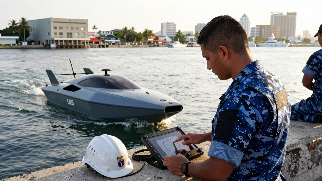 Militar em uniforme azul controla barco autónomo cinzento na água junto a cais com capacete branco.