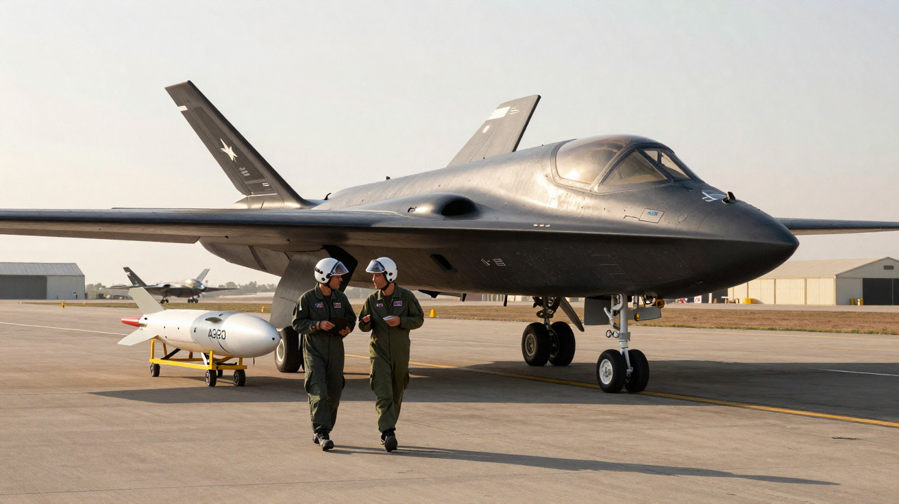 Dois pilotos em fatos de voo conversam junto a um avião militar furtivo na pista de um aeroporto.