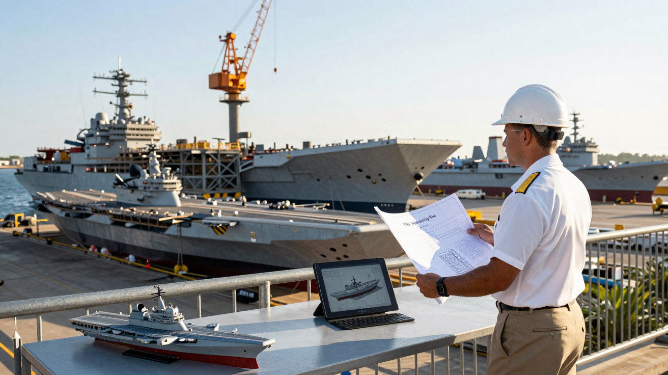 Homem com capacete e uniforme analisa documentos e computador com imagem de navio perto de porta-aviões no porto.