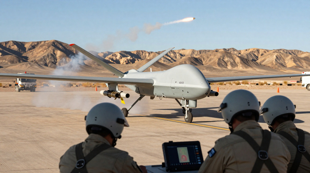 Drone militar a disparar mísseis com militares a controlar operação num deserto montanhoso.