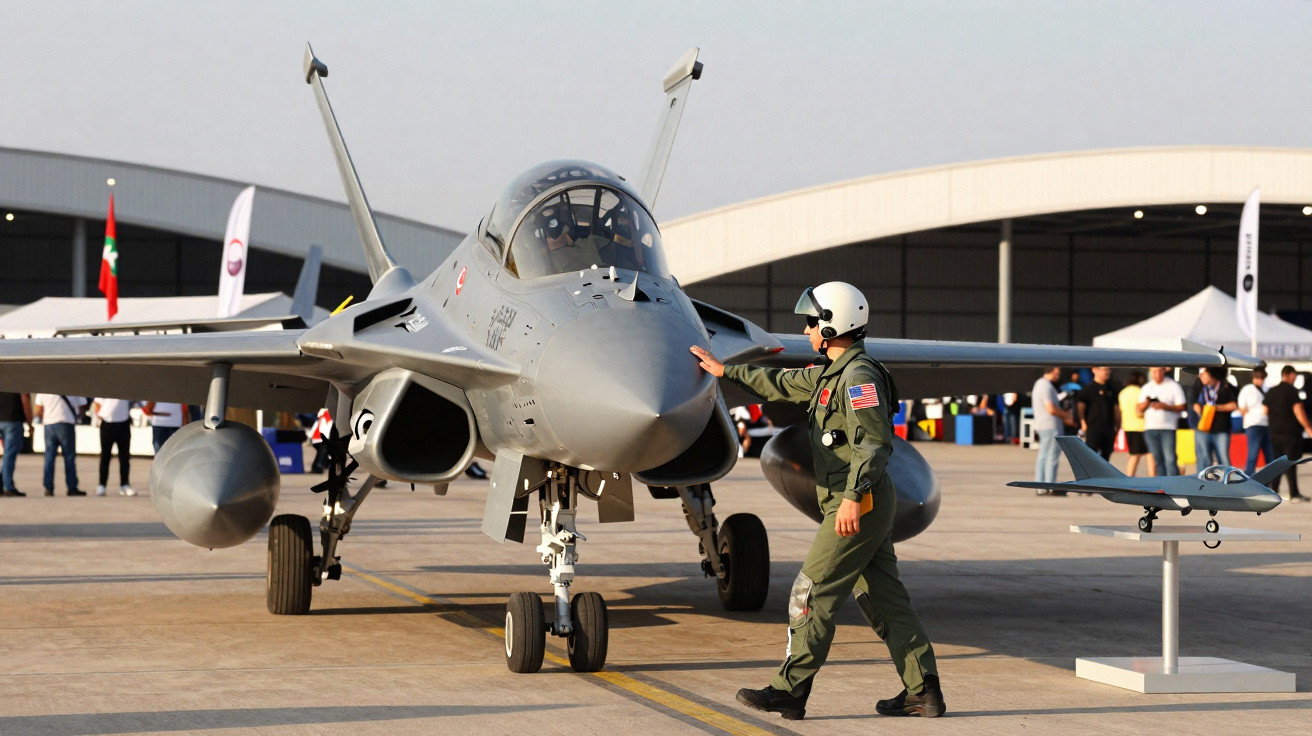 Caça militar estacionado enquanto piloto em fato de voo e capacete verifica a dianteira na pista do aeroporto.