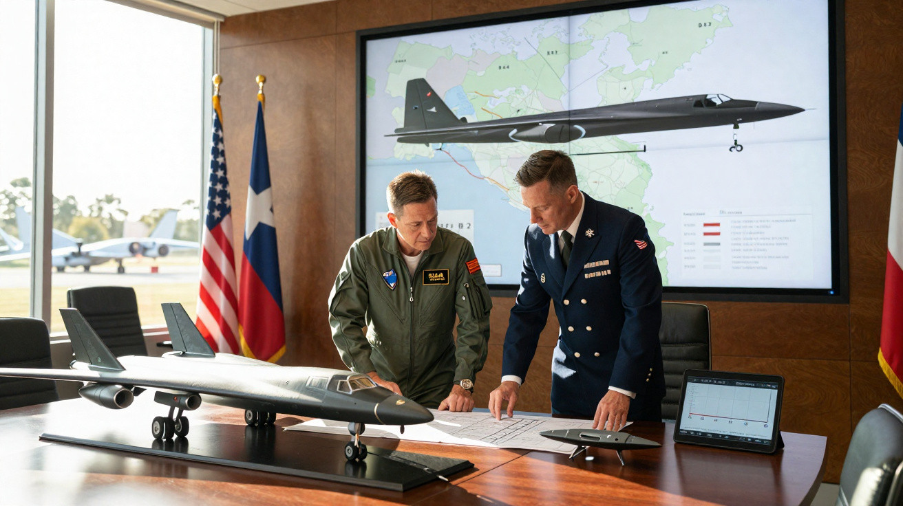 Dois militares analisam mapas em sala com modelos e imagem digital de um avião militar em plano de fundo.