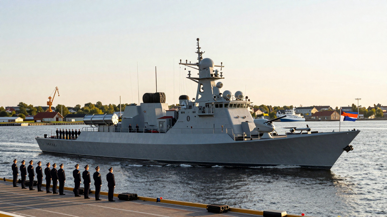 Navio de guerra cinzento atracado num porto com marinheiros alinhados na doca ao pôr do sol.