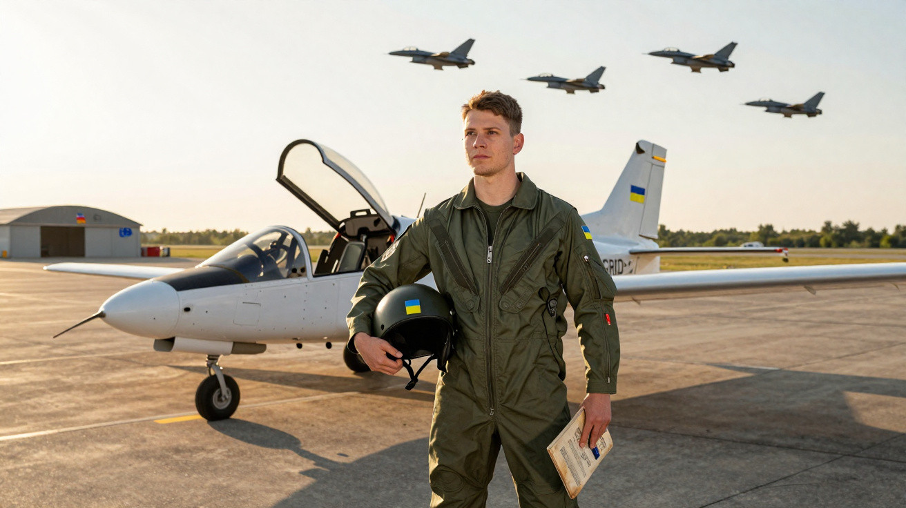 Piloto militar com macacão verde e capacete, em pista com avião pequeno, com quatro caças a voar ao fundo.