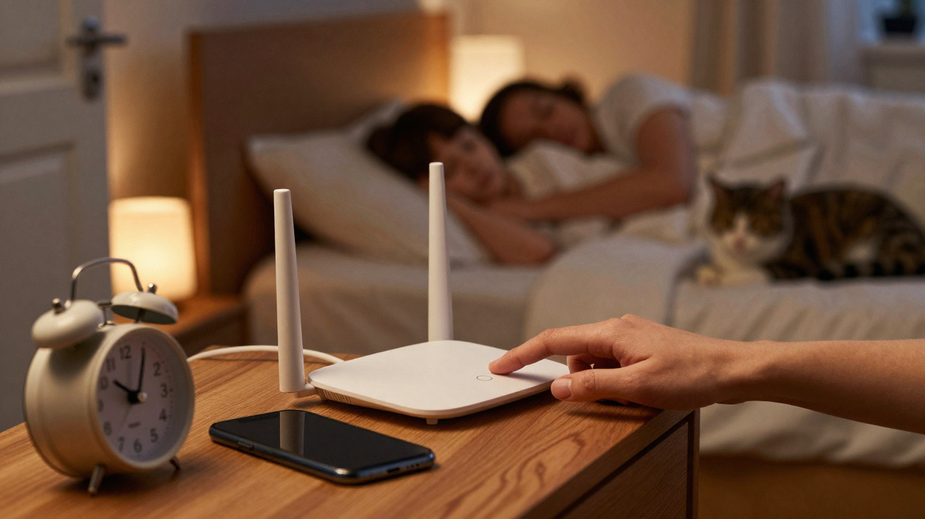 Mão a desligar router numa mesa de cabeceira, com telemóvel, despertador e pessoas a dormir na cama ao fundo.