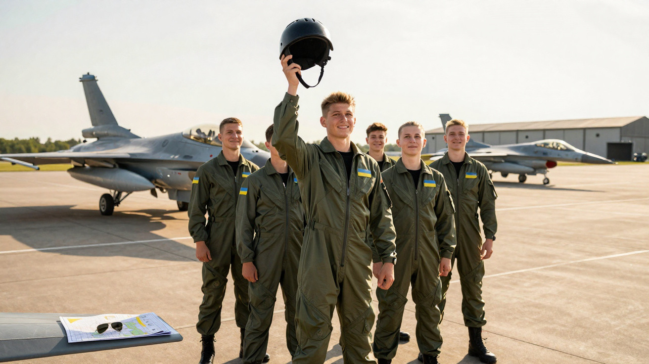 Grupo de seis pilotos militares em fato verde em pista com dois aviões ao fundo, um deles com capacete levantado.