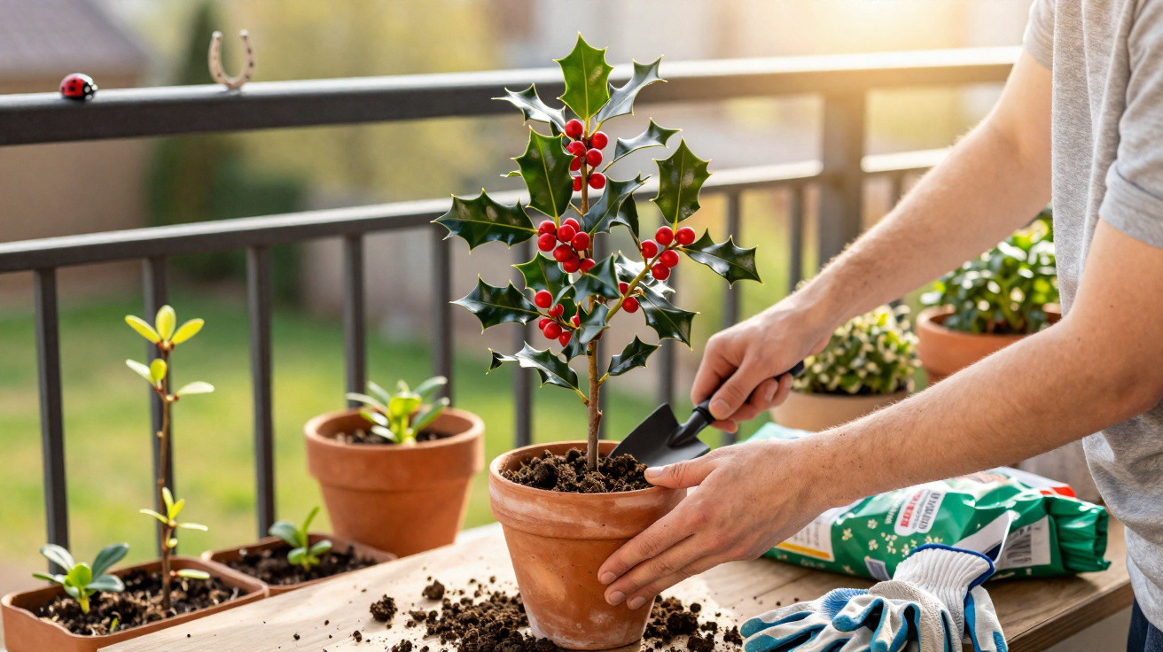 Pessoa a transplantar azáleas vermelhas num vaso de barro numa varanda ensolarada com várias plantas.