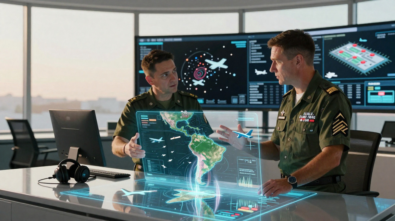 Dois militares analisam projeção holográfica de mapas e dados de voo numa sala de comando moderna.