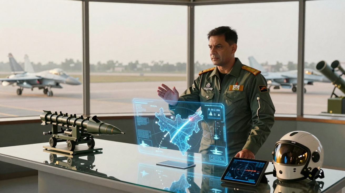 Piloto militar indiano em sala de controlo com holograma de mapa, modelo de míssil e capacete de voo.