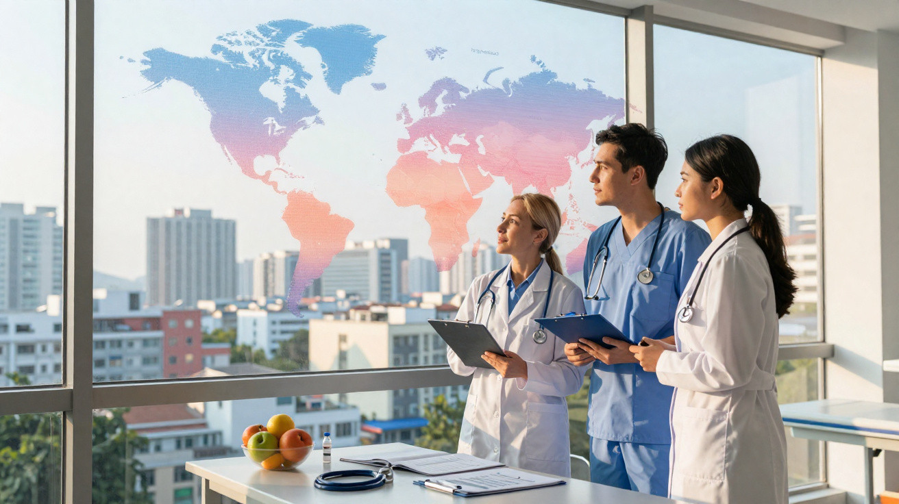 Três médicos observam mapa mundial colorido numa janela grande com vista para cidade urbana.