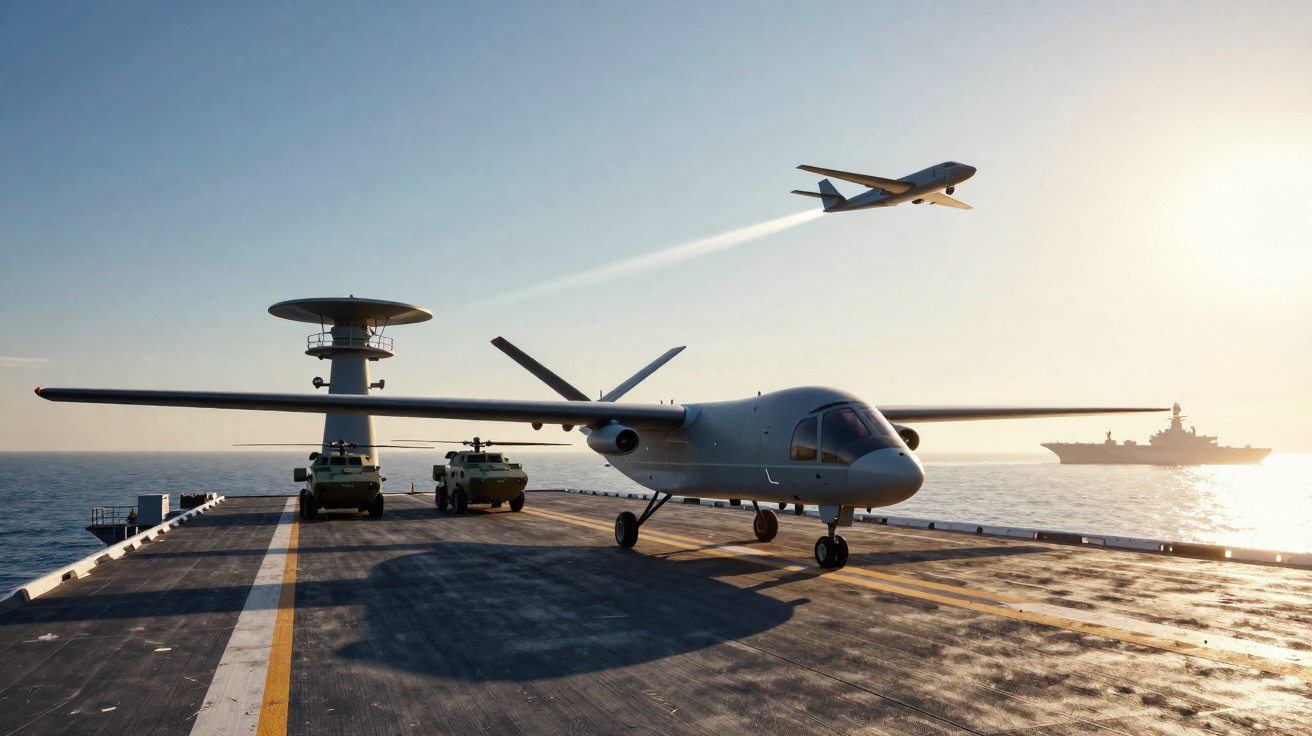 Avião não tripulado e veículos militares numa embarcação naval ao pôr do sol no mar.