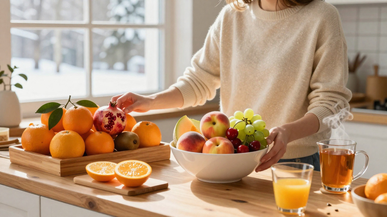Pessoa a preparar frutas frescas numa cozinha clara, com suco de laranja e chá quente na mesa.
