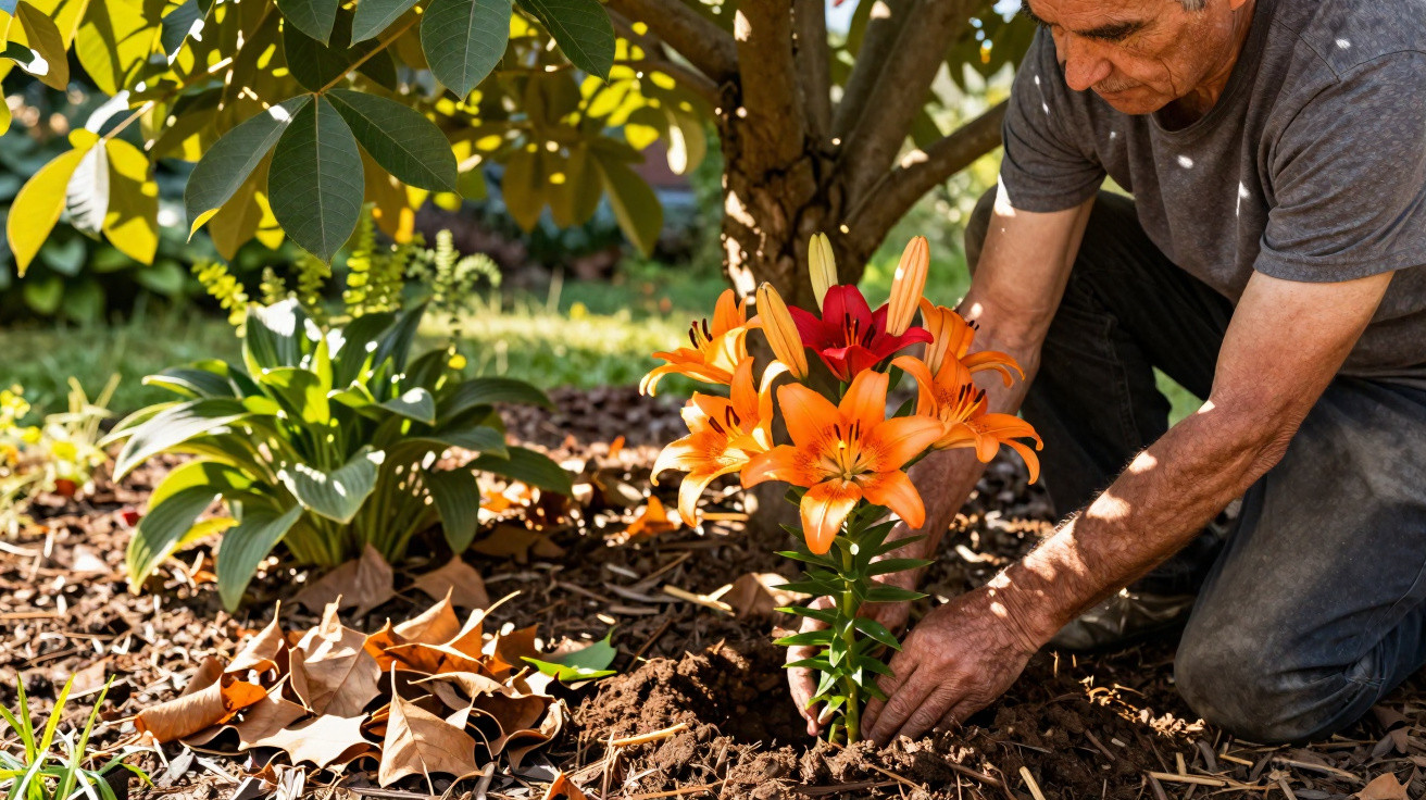Homem a plantar lírios laranja num jardim ensolarado com folhas secas ao redor.