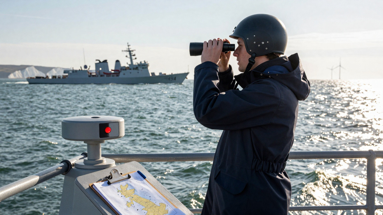 Homem com capacete observa navio militar ao longe com binóculos, ao lado de mapa náutico no convés.