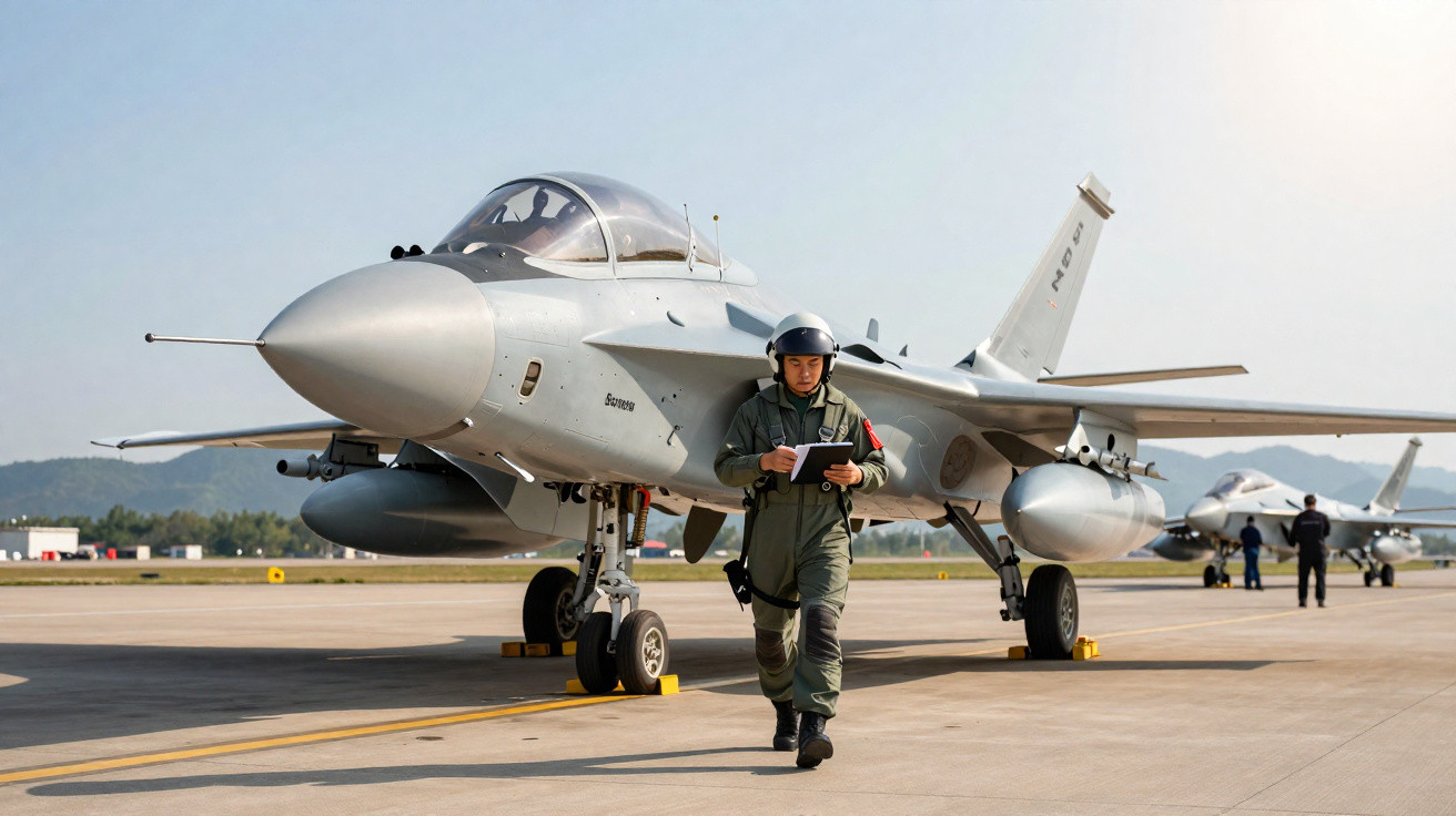 Avião militar cinzento estacionado na pista com piloto a caminhar em frente, segurando um tablet.