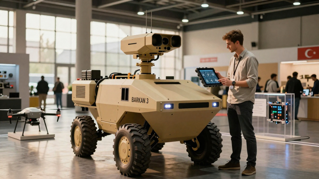 Homem a operar robot terrestre militar dourado Barkan 3 numa exposição tecnológica interior.