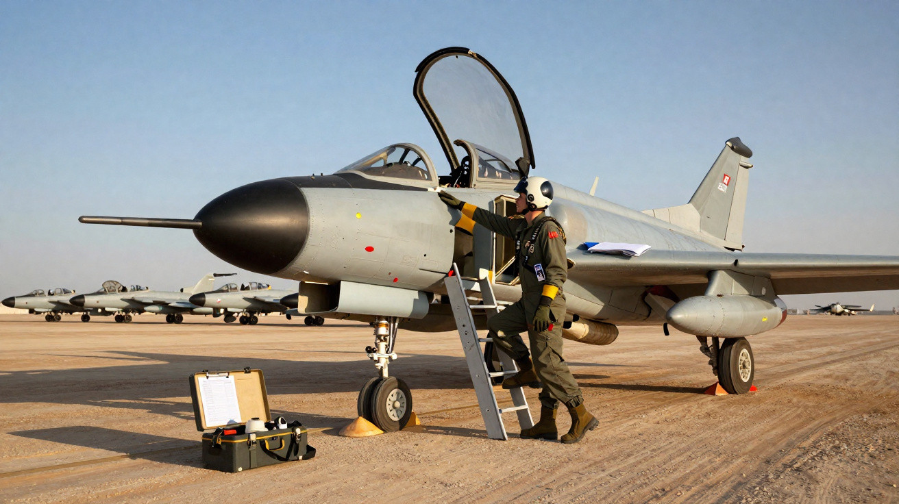 Avião militar estacionado em pista, com piloto em fato de voo a subir escada para a cabine.
