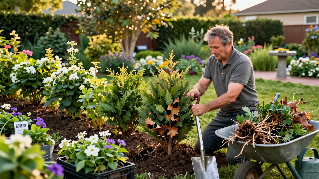 Homem a cuidar de arbustos num jardim com várias flores coloridas ao entardecer.