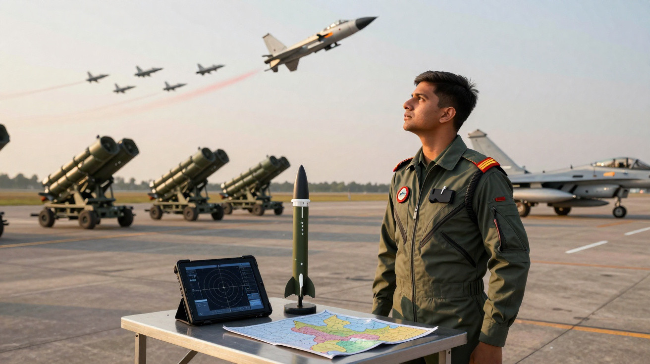 Militar observa aviões em formação enquanto está junto a mesa com mapa, radar e modelo de míssil.
