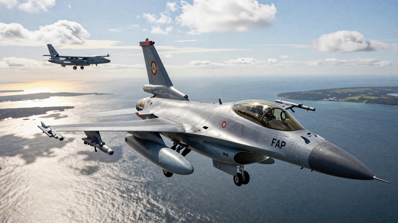 Caça F-16 da Força Aérea Portuguesa sobrevoa o mar com avião de patrulha ao fundo em céu nublado.