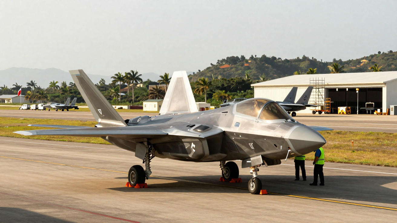 Caça furtivo cinzento estacionado no aeródromo com duas pessoas ao lado e hangar ao fundo.
