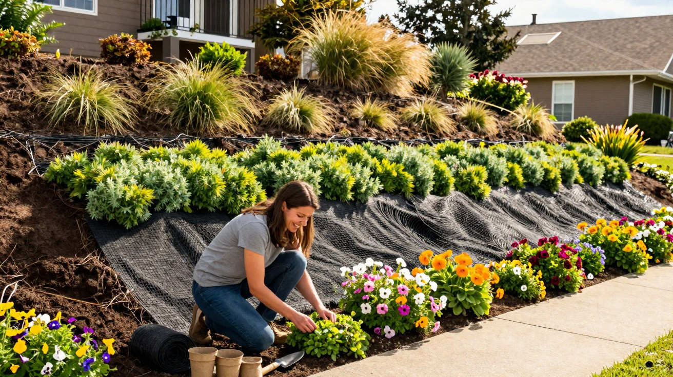 Mulher a plantar flores coloridas num jardim em socalco junto a casas numa manhã solarenga.