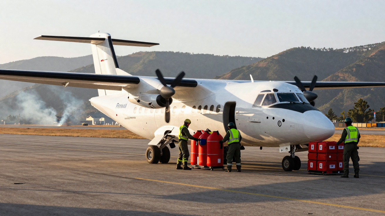 Avião branco no aeroporto com três pessoas vestindo coletes refletivos a carregar barris vermelhos.