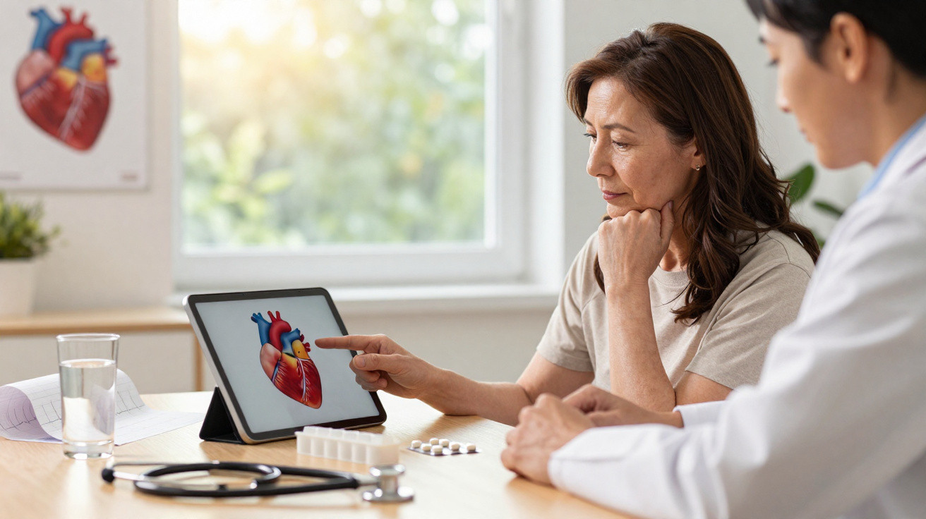 Mulher consulta médico que explica funcionamento do coração em tablet durante consulta médica.