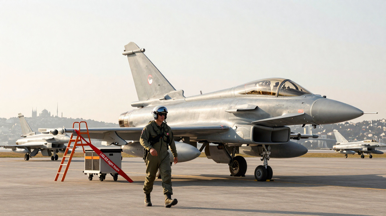 Caça Eurofighter Typhoon estacionado com piloto a caminhar na pista de um aeroporto militar ao amanhecer.