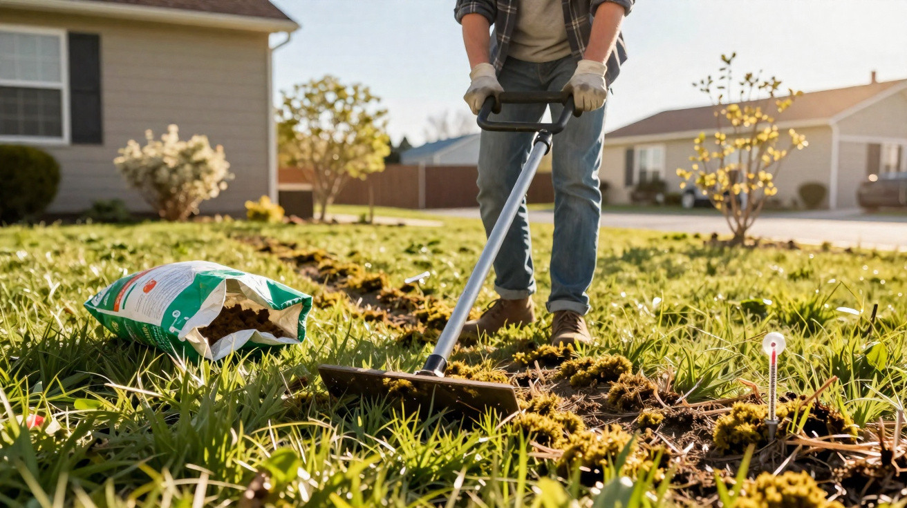 Pessoa a usar uma enxada para preparar o solo num jardim de frente para uma casa residencial.