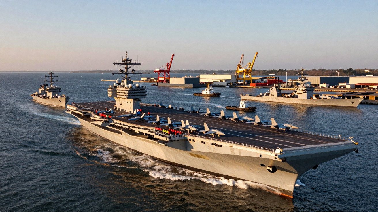 Porta-aviões militar a navegar acompanhado por outros navios de guerra em porto marítimo com guindastes ao fundo.
