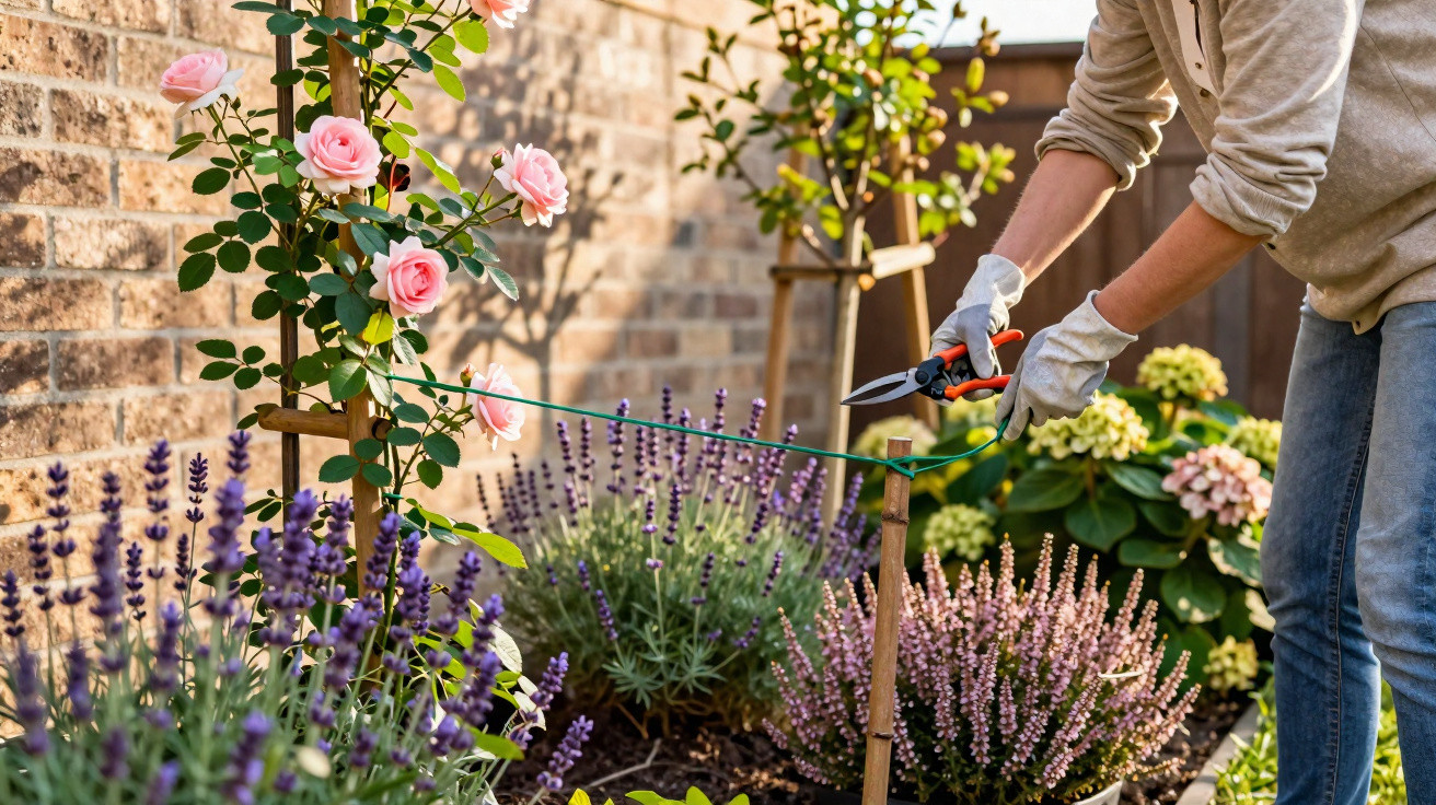 Pessoa a podar plantas num jardim com rosas cor de rosa, lavanda e outras flores junto a uma parede de tijolos.