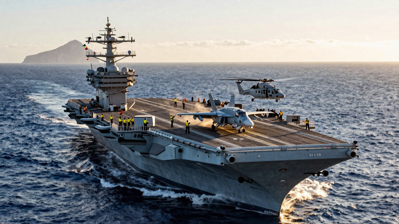 Porta-aviões a navegar no oceano com um caça no convés e um helicóptero a voar próximo, com uma ilha ao fundo.