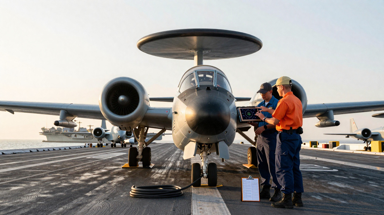 Aeronave militar estacionada em porta-aviões com dois militares a analisar equipamento ao lado dela.