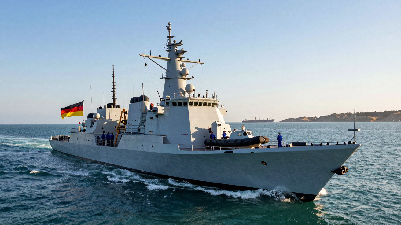 Porta-aviões militar alemão a navegar em mar calmo com tripulação a bordo e bandeira da Alemanha.