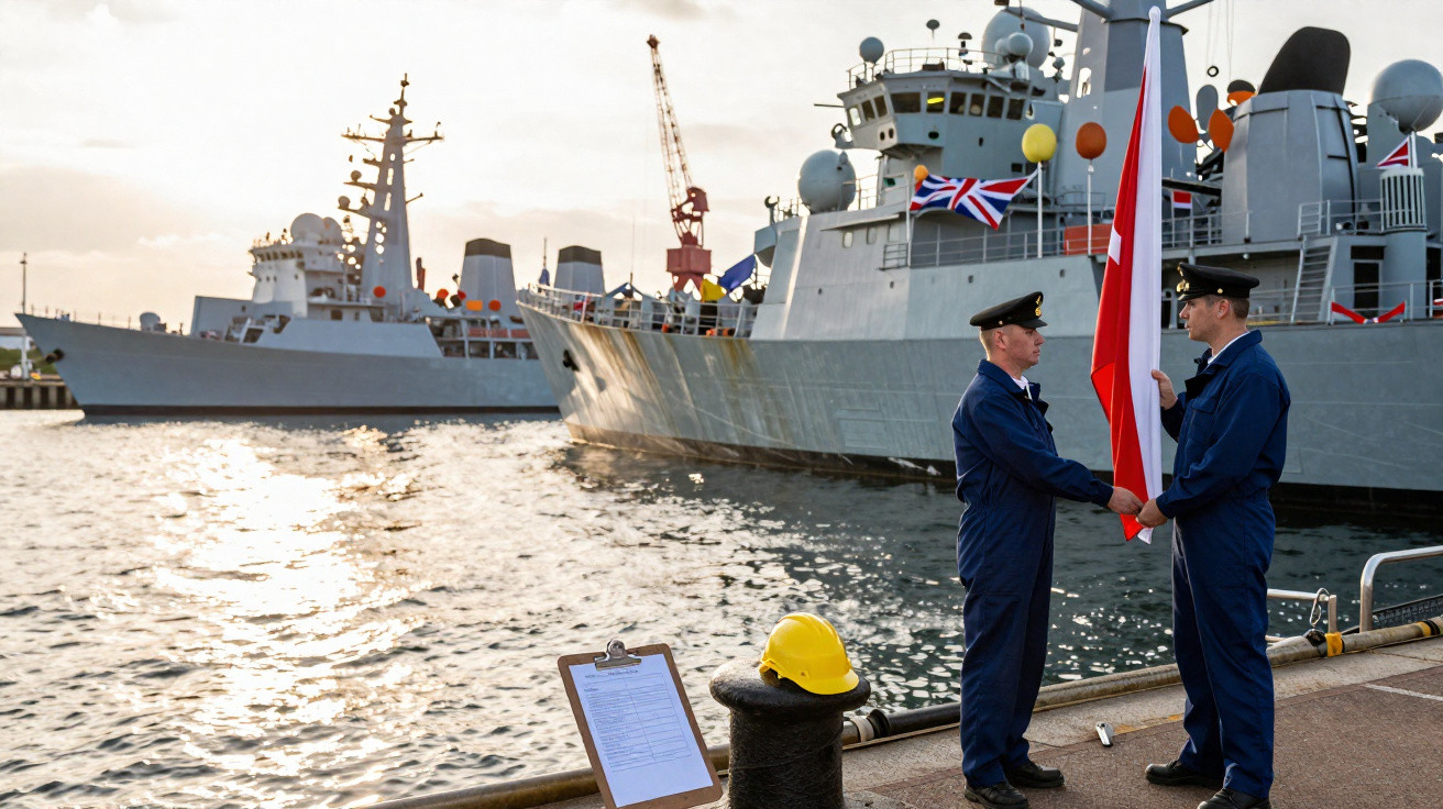 Dois marinheiros em uniforme azul seguram uma bandeira polaca junto a um cais com navios militares ao fundo.