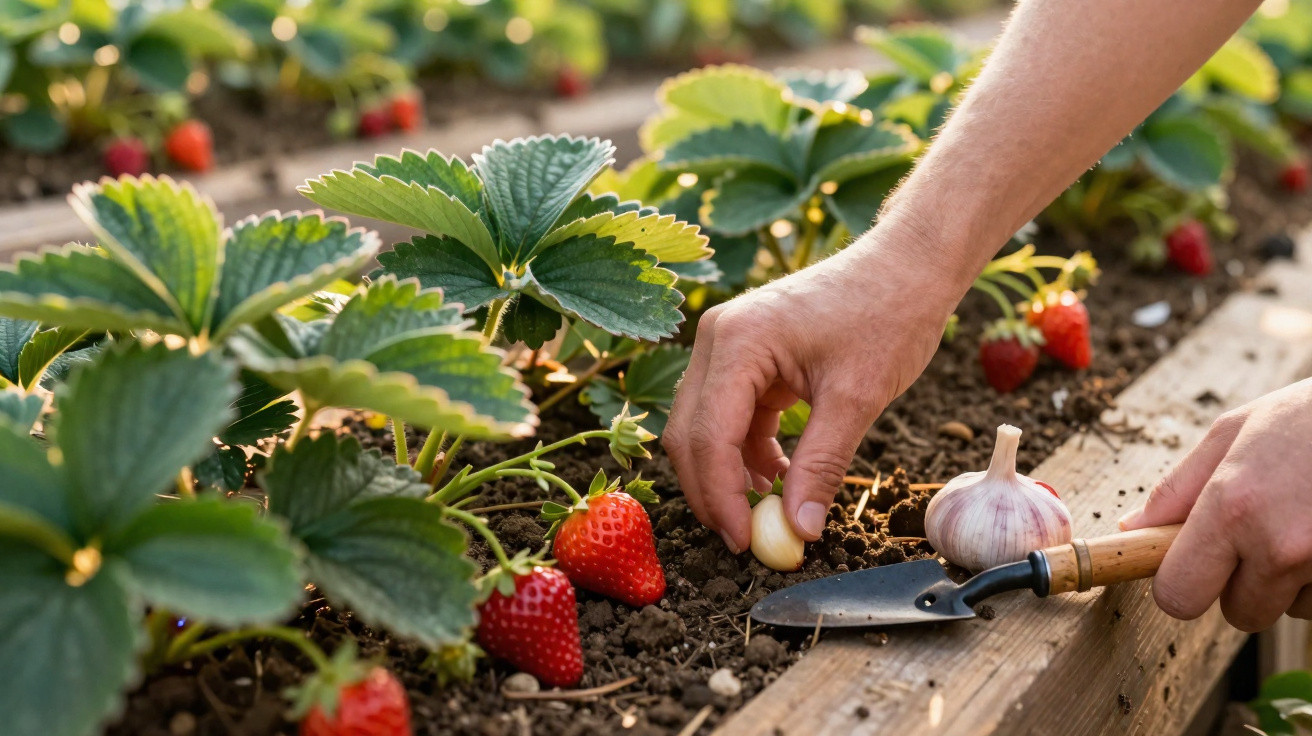Pessoa a plantar dentes de alho numa horta com plantas de morango e morangos maduros à volta.