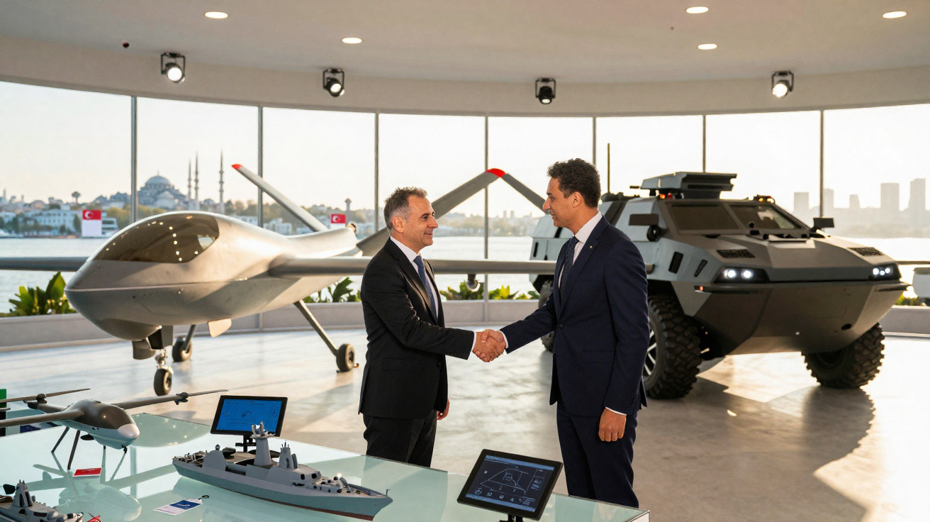 Dois homens de fato apertam as mãos em exposição de drones, veículos militares e modelos de navios.