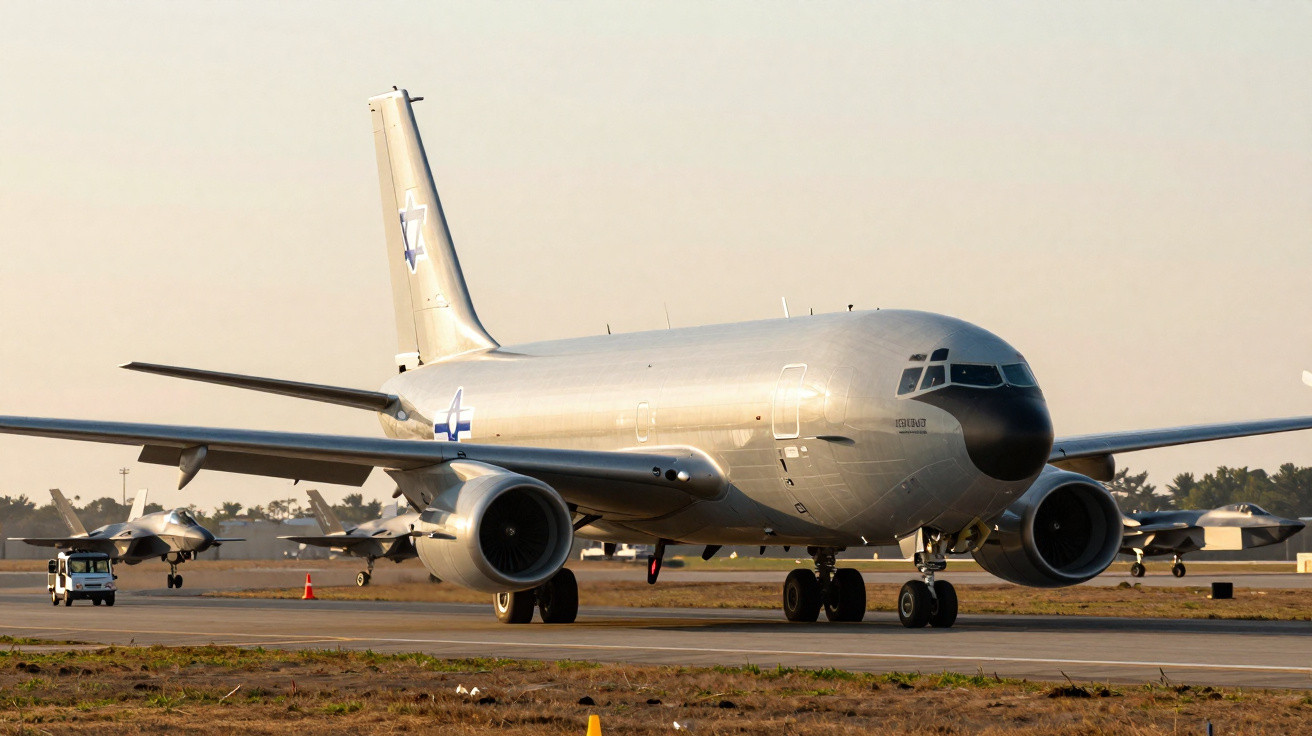 Avião militar da Força Aérea de Israel estacionado em pista com vários jatos ao fundo ao pôr do sol.