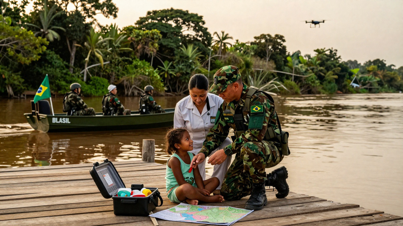 Soldado brasileiro e médica atendem menina numa doca junto a um rio, com barco militar ao fundo e drone no ar.