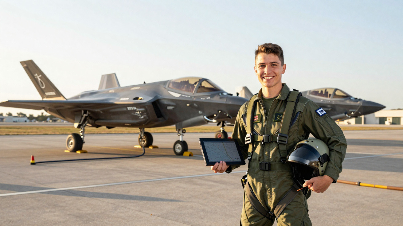 Piloto militar sorridente com fato de voo, capacete e tablet, em frente a dois caças avançados num aeródromo.