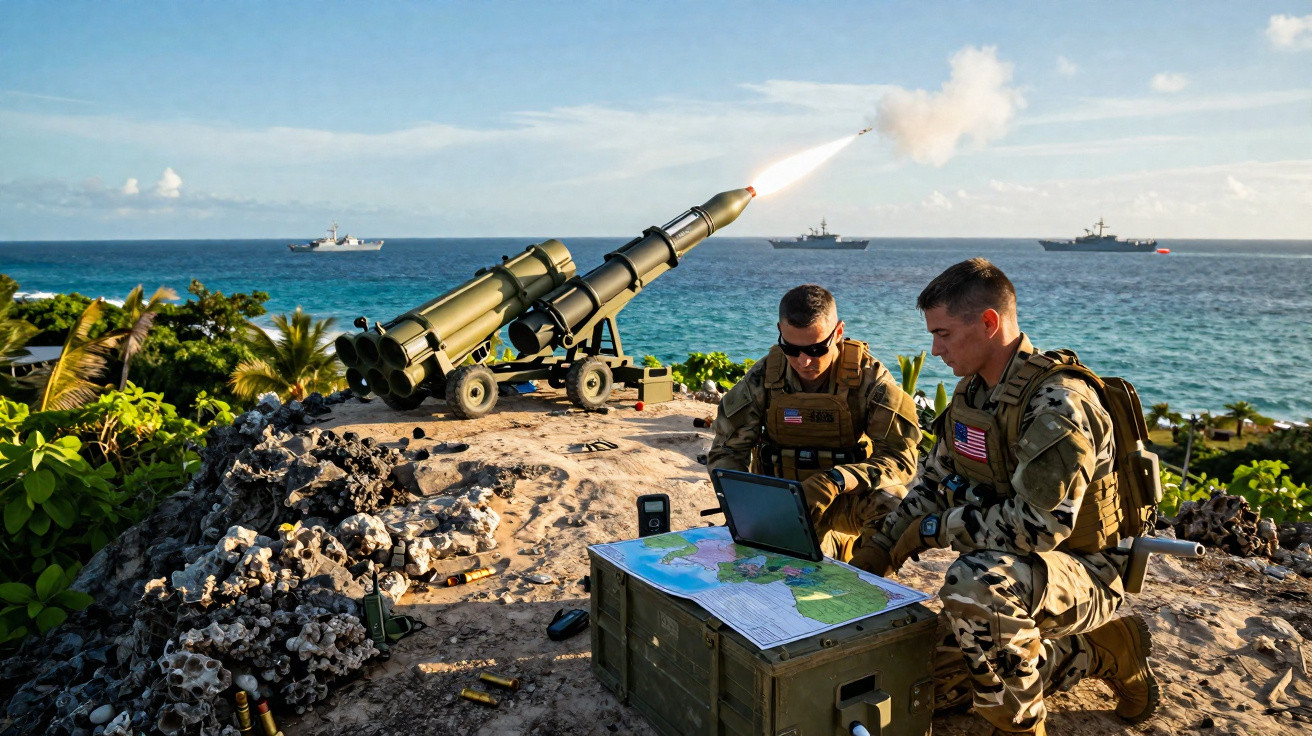 Dois soldados operam equipamento militar junto ao mar enquanto um míssil é lançado ao fundo.