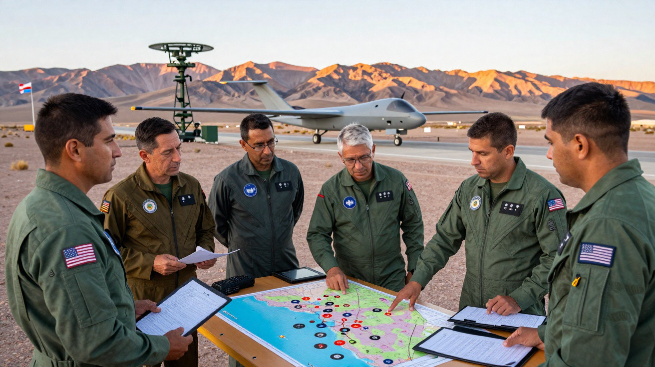 Seis militares em uniformes verdes analisam um mapa numa mesa ao ar livre, com drone e montanhas ao fundo.