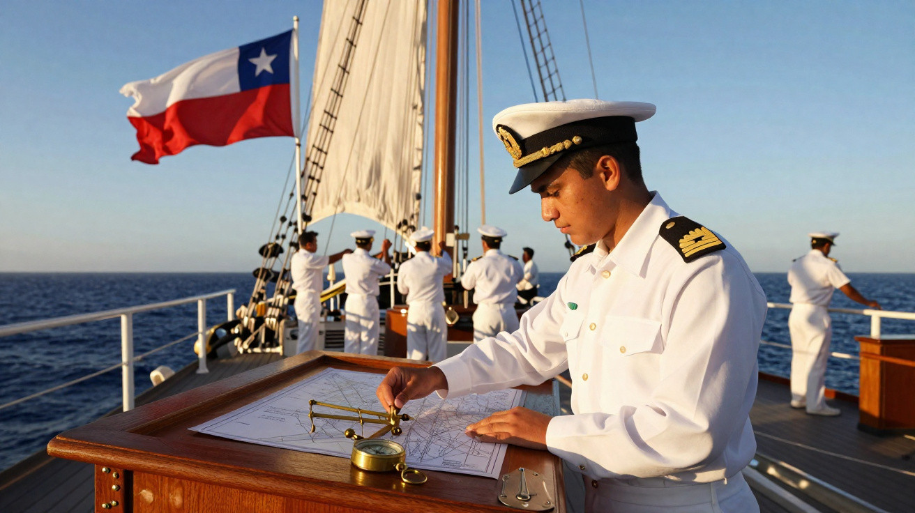 Oficial naval chileno em uniforme branco a manusear instrumentos de navegação no convés de um navio com a bandeira do Chile a