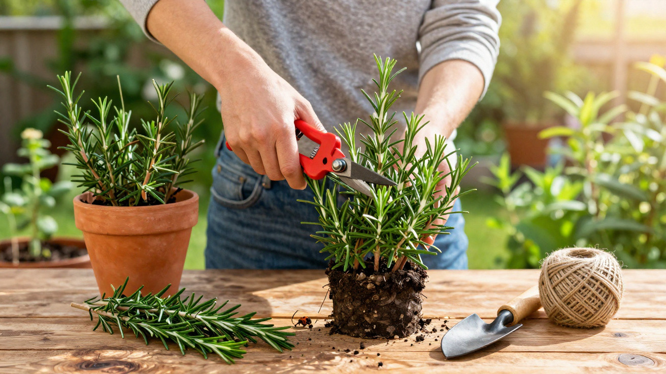 Pessoa a podar alecrim com tesoura vermelha num jardim, com ferramentas e vasos ao redor.