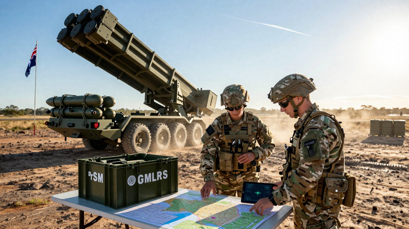 Dois soldados em uniforme camuflado analisam um mapa junto a equipamento militar pesado num terreno aberto.
