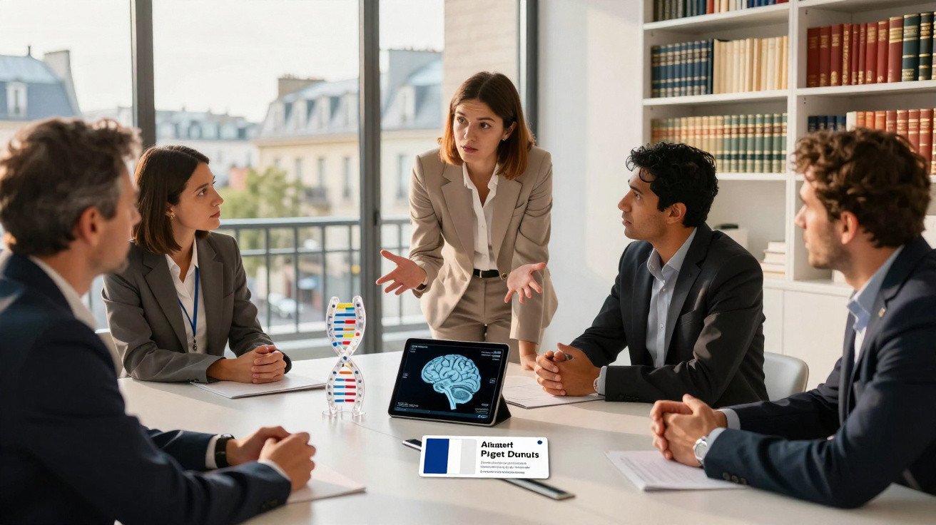 Grupo de profissionais em reunião com um modelo de DNA e imagem digital de cérebro na mesa.