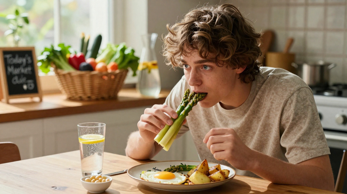 Jovem sentado à mesa, a comer espargos crus com prato de batatas, ovo e leguminosas à sua frente.